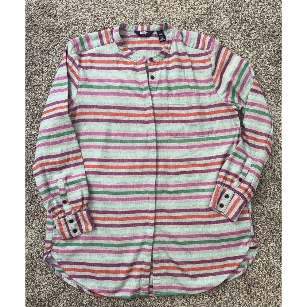 Lands End Womens Button Down Flannel Tunic L Pockets Striped Colorful Cozy Soft